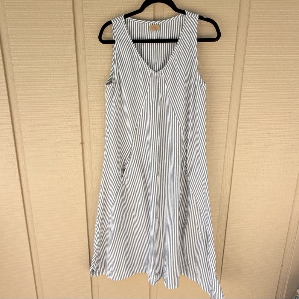 Tulip Asymmetrical Seersucker Stripe Striped V-Neck Dress Gray White Cotton S